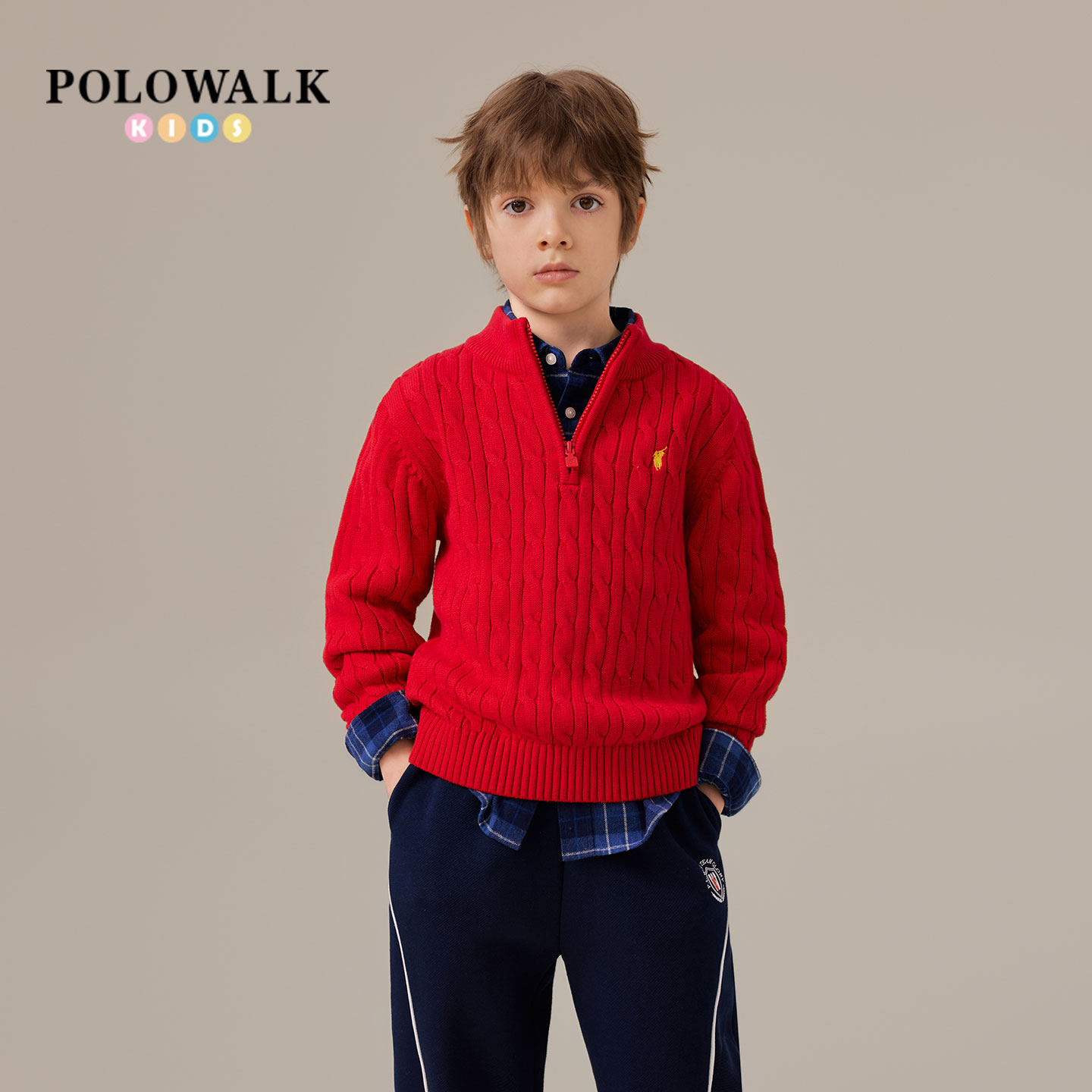 POLOWALK童装男童半拉链纯棉毛衣