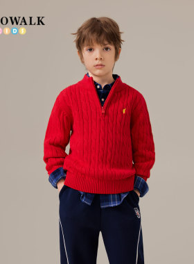 POLOWALK童装男童半拉链红色毛衣秋季新款保罗儿童休闲保暖针织衫