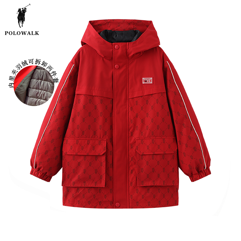 POLOWALK童装男童连帽外套2024过年衣服新款保罗儿童羽绒服两件套