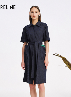LAURELINE/洛瑞琳年夏季百搭简约连衣裙藏蓝色通勤长裙女