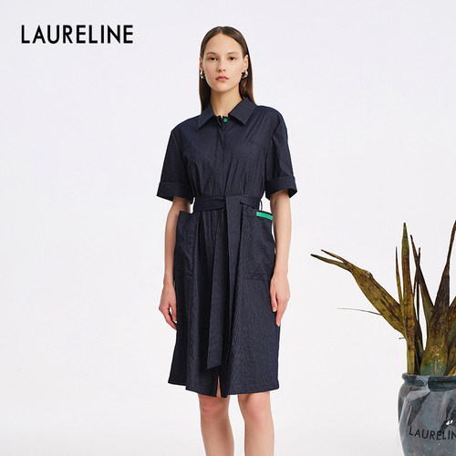 LAURELINE/洛瑞琳年夏季百搭简约连衣裙藏蓝色通勤长裙女