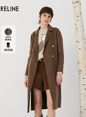 LAURELINE/洛瑞琳绵羊毛100%大衣2023年冬季新款复古赫本风外套女