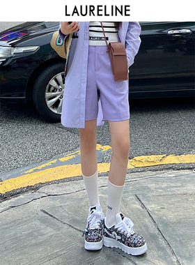 LAURELINE/洛瑞琳绵羊毛短裤2023年春季新款紫色职场通勤裤子女