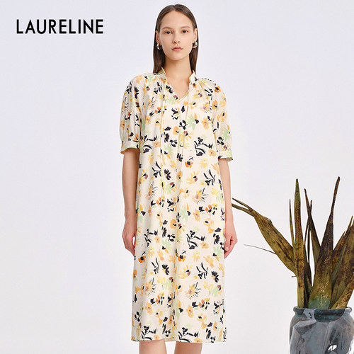 LAURELINE/洛瑞琳年夏季百搭简约碎花裙女优雅气质通勤连衣裙