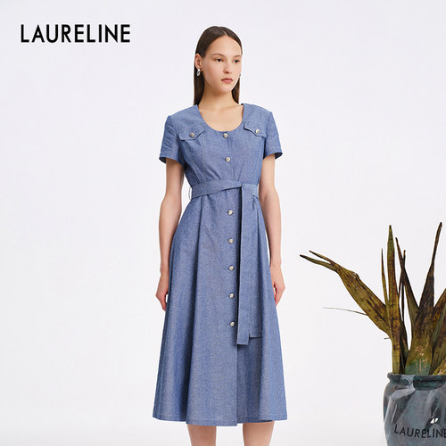 LAURELINE/洛瑞琳年夏季新款百搭简约连衣裙女通勤全棉长裙