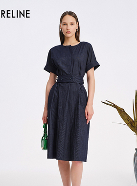 LAURELINE/洛瑞琳年夏季百搭简约连衣裙藏蓝色通勤长裙女