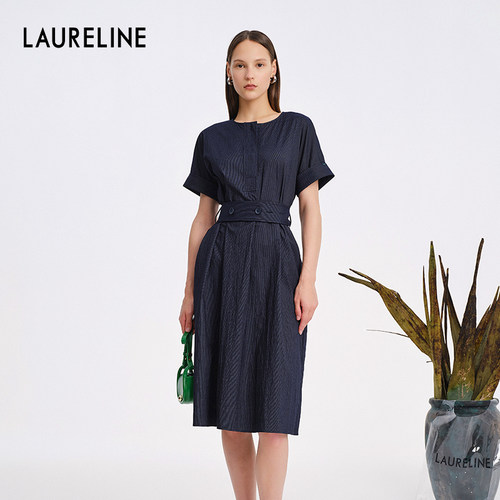 LAURELINE/洛瑞琳年夏季百搭简约连衣裙藏蓝色通勤长裙女