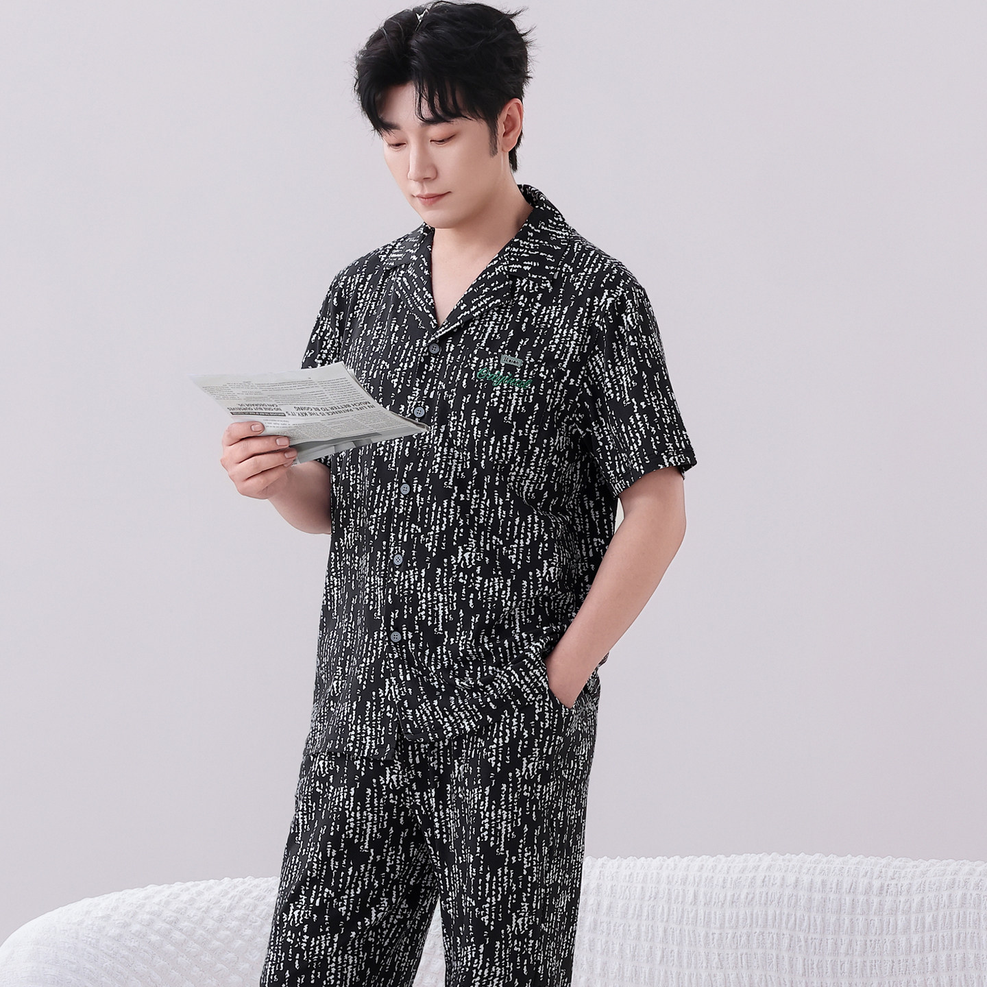 睡衣男士夏季纯棉短袖长裤夏天薄款大码可外穿家居服套装