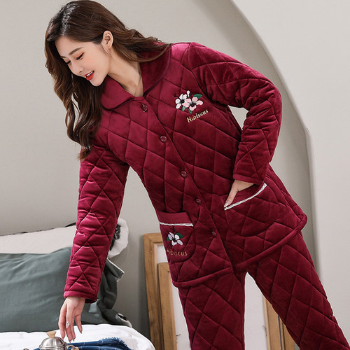 三层夹棉加绒加加厚中老年家居服