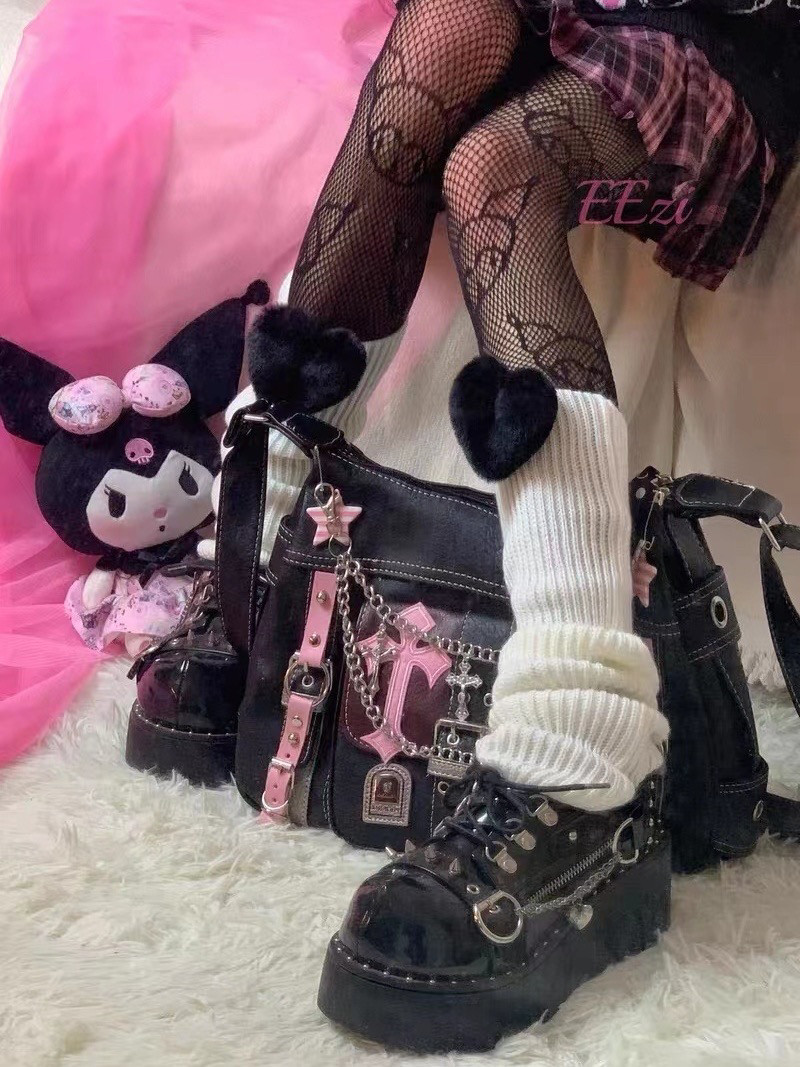 原创包包千禧辣妹百搭女日常单肩y2k酷女孩kitty猫黑粉撞色斜挎包
