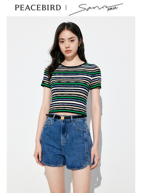 太平鸟女装夏季修身圆领时尚条纹线套衫A1EED12