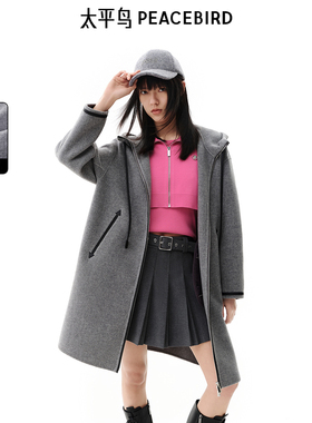 太平鸟女装冬季连帽拉链软绵绵羊毛休闲大衣A3AAE4389