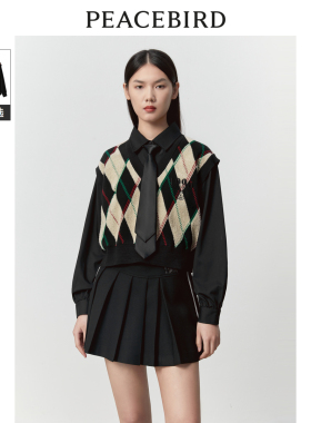 太平鸟女装冬季假两件格纹上衣A3CDD4183