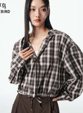 太平鸟25年新款通勤连帽衬衫式格纹短外套A3BBF3212