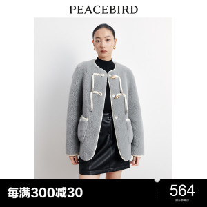 太平鸟仿皮草羊羔毛羽绒服女2023冬羊羔毛气质圆领外套白鸭绒奥莱