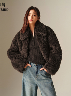 【商场同款】太平鸟翻领夹克式深杏棕仿裘皮直筒外套女A3AEF4407