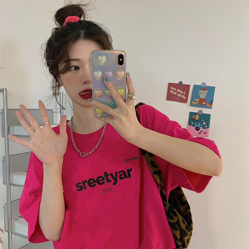 速发美2复古玫红色纯棉t恤夏02季式4年新款设计感小众半袖上衣