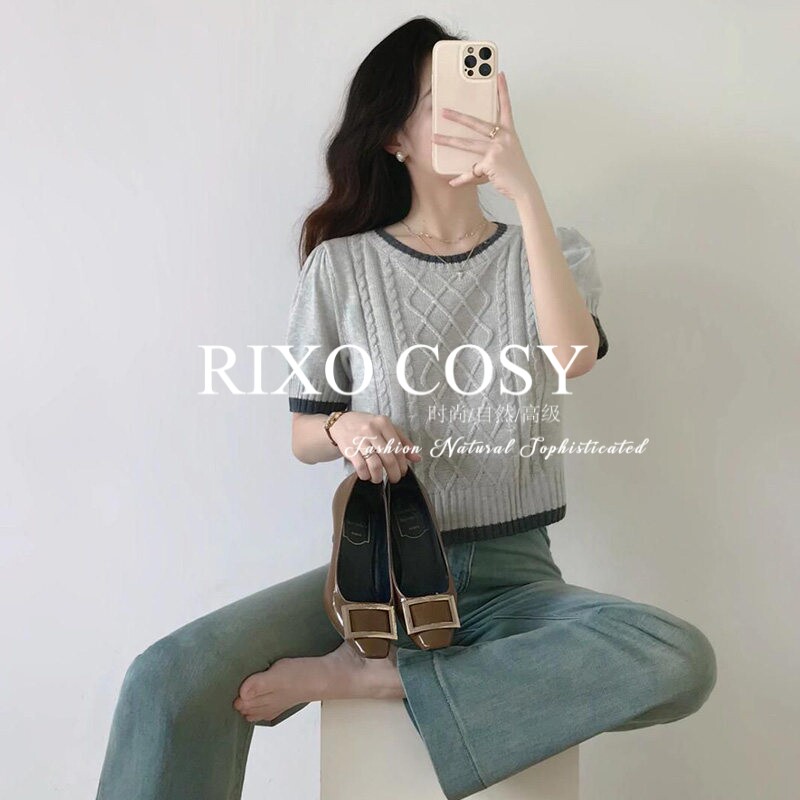 RIXO COSY灰色复古正肩短袖t恤2025夏季新款高级感内搭打底衫上衣