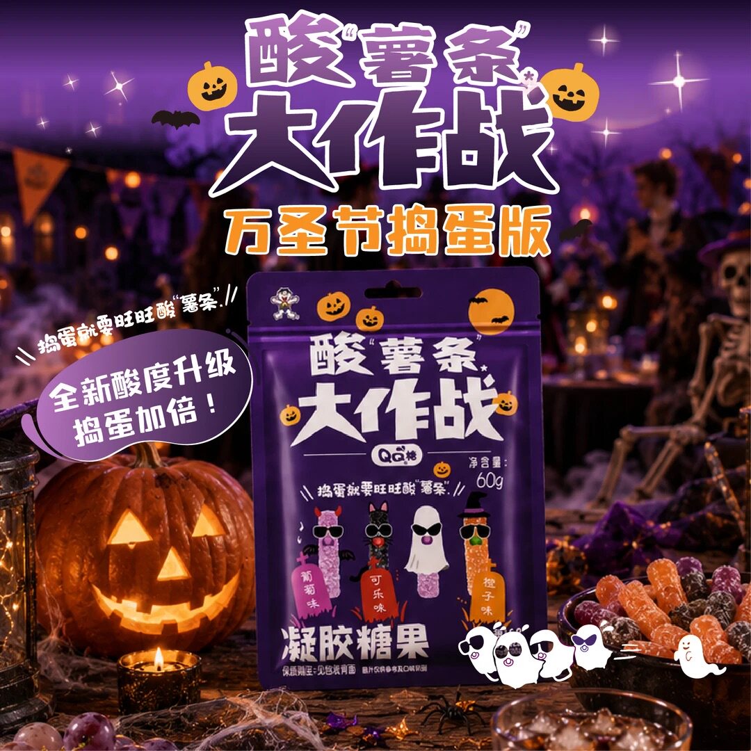 【旺旺万圣节】旺仔超QQ酸薯条橙子可乐葡萄味软糖零食60g送孩子