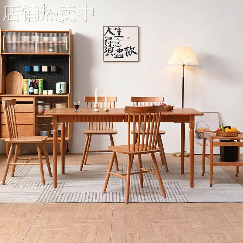 樱桃木全实木餐桌椅组合家用长方形饭桌法式复古罗马柱桌子家具