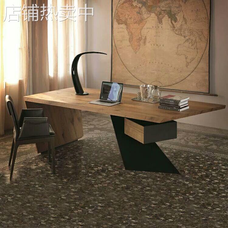 美式原木老板办公桌现代简约大班台老板桌书桌loft铁艺电脑桌实木