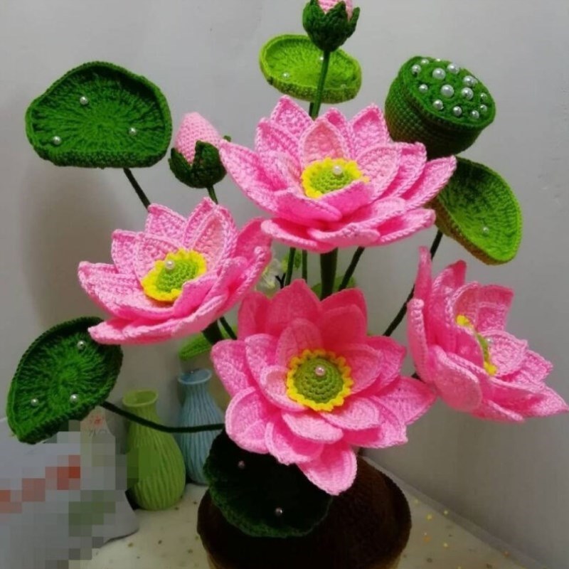 瑞琴 手工饰品成品手工编制荷花毛线花成品材料包 粉色成品