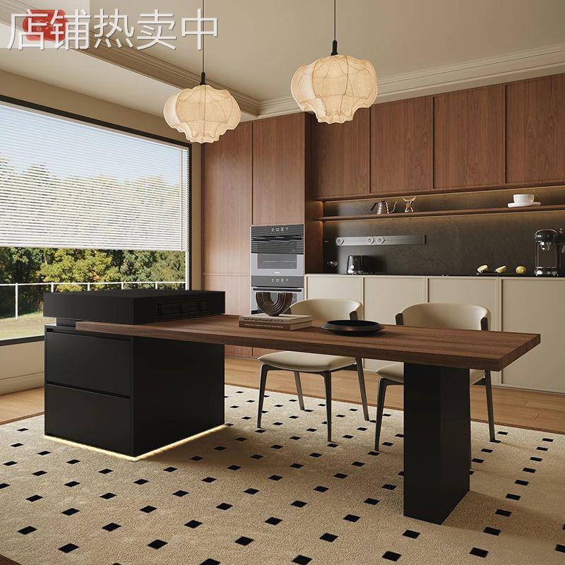 岛台餐桌胡桃色木纹岩板一体可伸缩意式极简小户型家用高端感储物