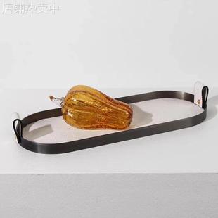 现代简约编织皮革金属马毛椭圆托盘收纳创意摆件桌面茶几样板间