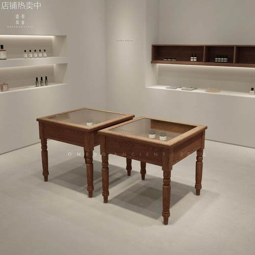 木纹质感展示柜四脚柜中岛柜服装饰品珠宝店铺展柜双面抽屉玻璃柜