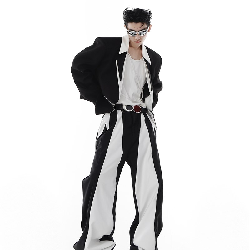 CulturE小众解构黑白撞色垫肩短款西服外套Q金属拉链设计感夹克