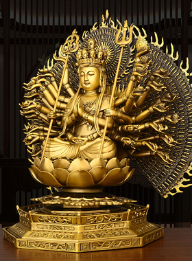 纯铜千手观音摆件l千手千眼观世音菩萨坐莲观音铜像大号家居工艺