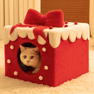 加绒加厚猫咪猫房子帐篷屋 通用猫屋封闭式 新年猫窝冬季 保暖四季