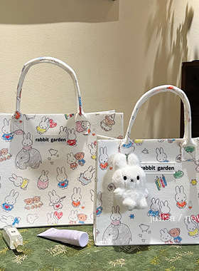 原创~授权多用途轻便大容量手提包手绘小兔子毛毡包手提包托特包