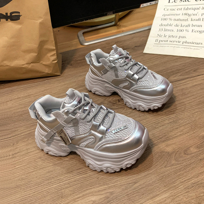 超轻便水钻银色老爹鞋女2025新款春秋爆款百搭爆款厚底运动休闲鞋