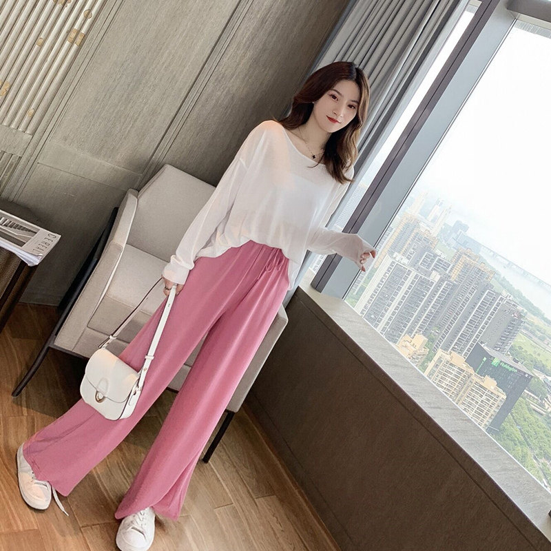 春秋装2020冰丝针织防晒罩衫减龄显瘦套装女薄款休闲阔腿裤两件套