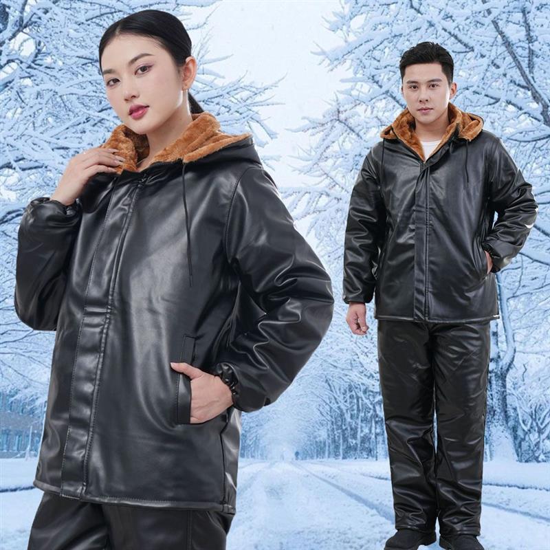 外卖骑手防寒服外卖骑行皮衣套装挡风保暖皮裤男女加绒加厚宽松工