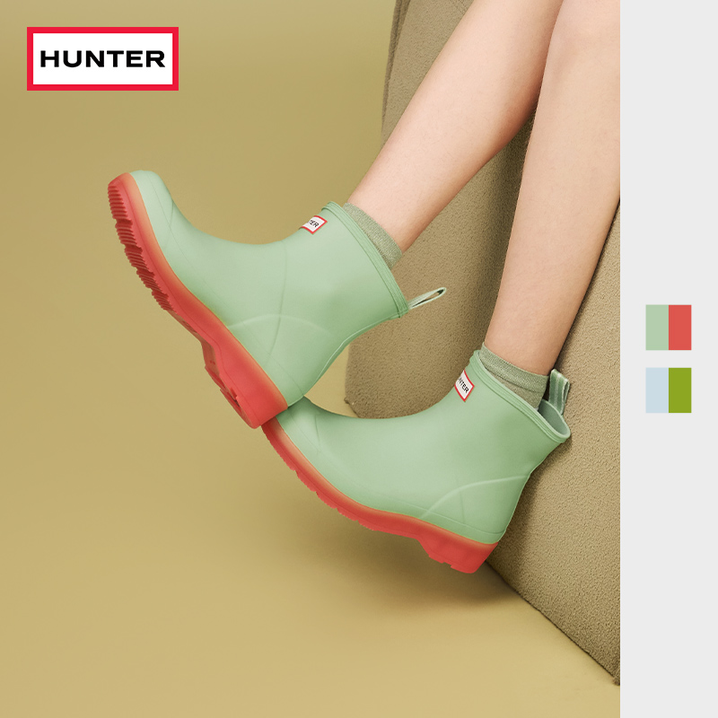 HUNTER女士酷玩雨靴户外露营防水防滑休闲时尚撞色透明底短靴女靴