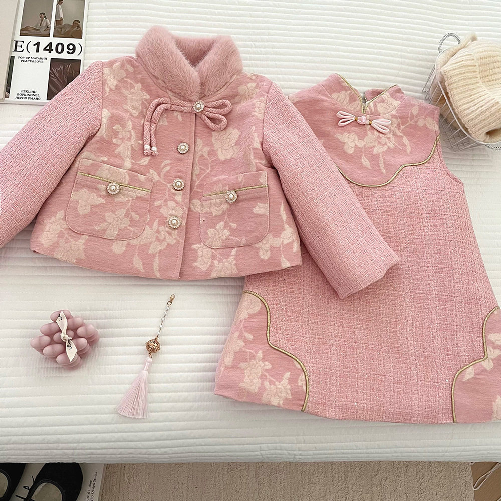 女童加厚小香风套装冬季2025新款蝴蝶结翻领外套背心连衣裙两件套,童装/婴儿装/亲子装,儿童运动套装,淘宝优惠券,粉丝福利购,淘宝优惠卷