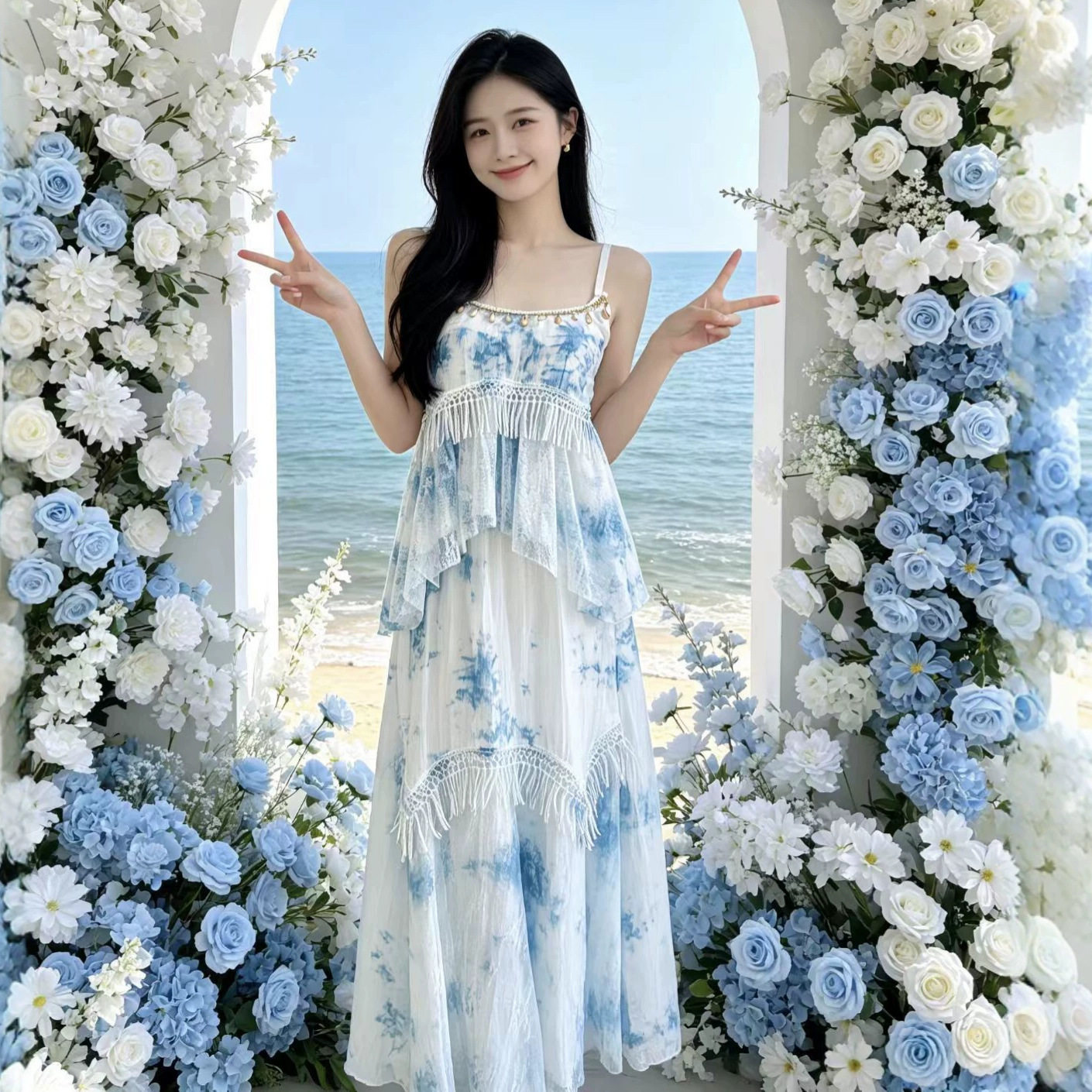蓝白扎染吊带两件套裙子流苏蕾丝吊带裙海边旅游温柔风沙滩裙子