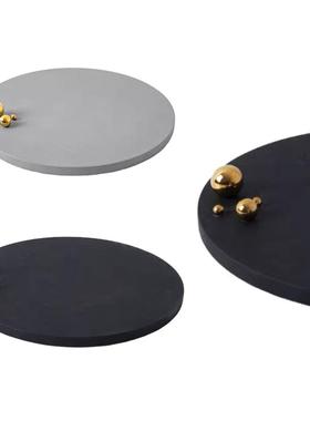 样板间轻奢皮革金属高级感圆形托盘收纳书房桌面家居装饰品摆件