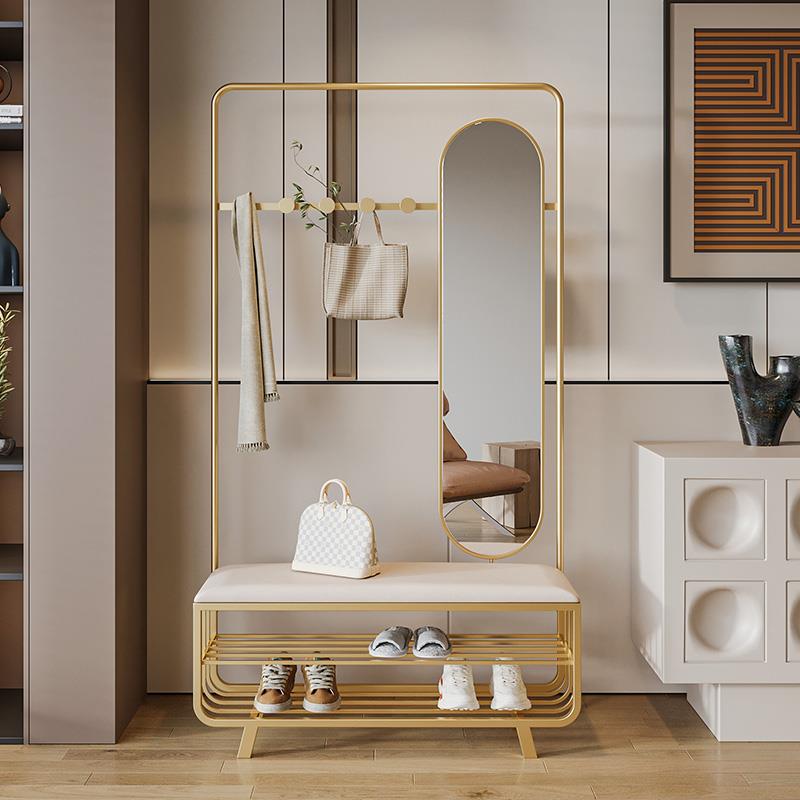 轻奢网红换鞋凳门口家用鞋柜可坐带衣帽架挂衣架镜子一体穿鞋凳