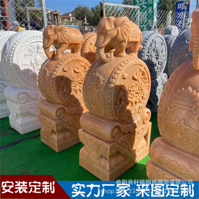 石雕门墩抱鼓石庭院镇宅别墅中式门口摆件石材精雕晚霞红手工