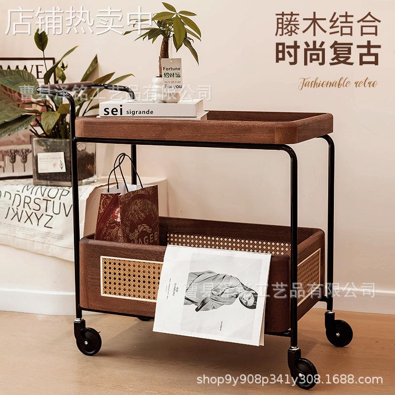 现货复古移动小推车客厅沙发阳台中古实木收纳藤编置物架家用推车