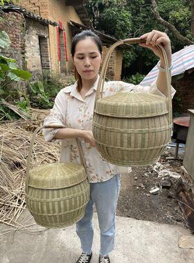 竹编篮子手工老式编织制品采摘竹篮收纳竹筐双层大号手提篮覆古