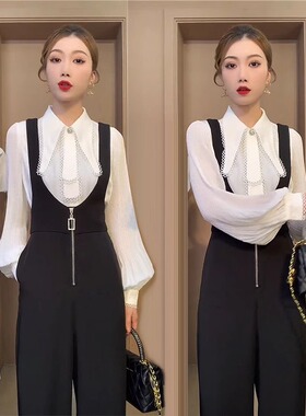 背带裤女2025春夏新款裤子宽松高腰垂感长裤阔腿西装裤直筒连体裤