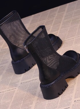 真皮网面透气短靴女2025夏季新款粗跟马丁靴镂空厚底纱网凉靴凉鞋