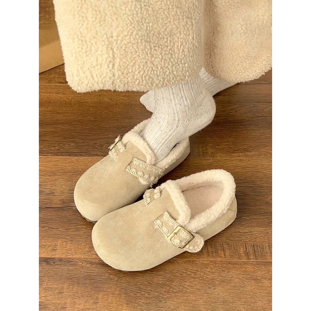 复古白色加绒厚保暖平底棉