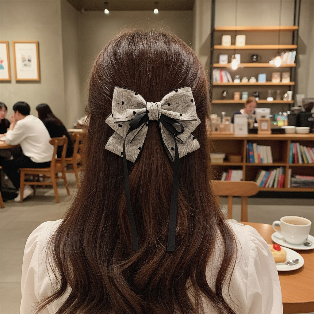 浅灰色多层大蝴蝶结发饰后脑勺发夹日韩少女百搭学院风顶夹弹簧夹