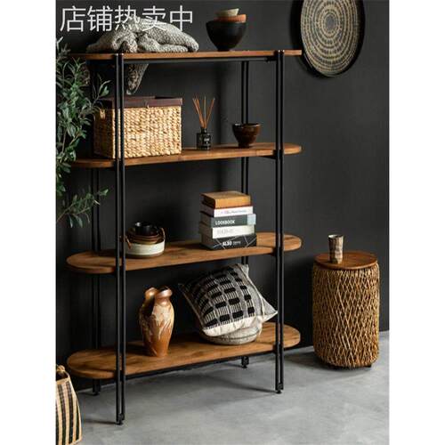 实木储物架多层储物架客厅落地式书架书架铁制展示架展示架覆古原