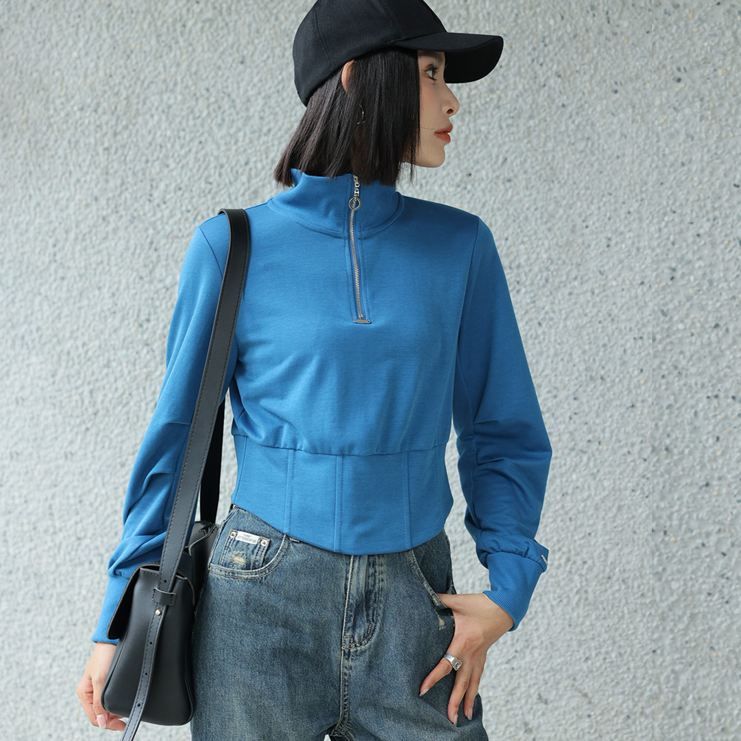 蓝色半拉链立领套头针织衫女2025秋冬新款运动风弧形下摆长袖上衣